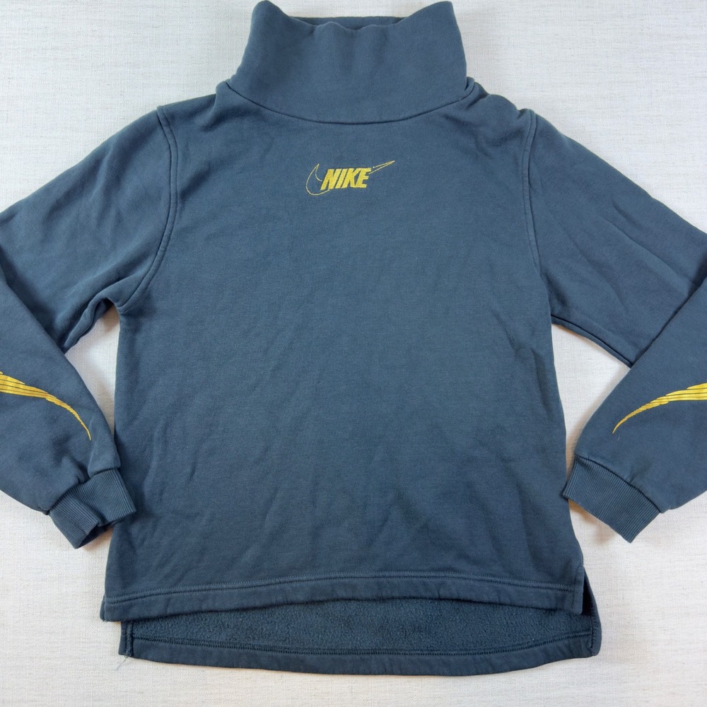 Nike Girls XL Turtleneck Fleece Sweatshirt Blue Gold Graphic High Low Pullover